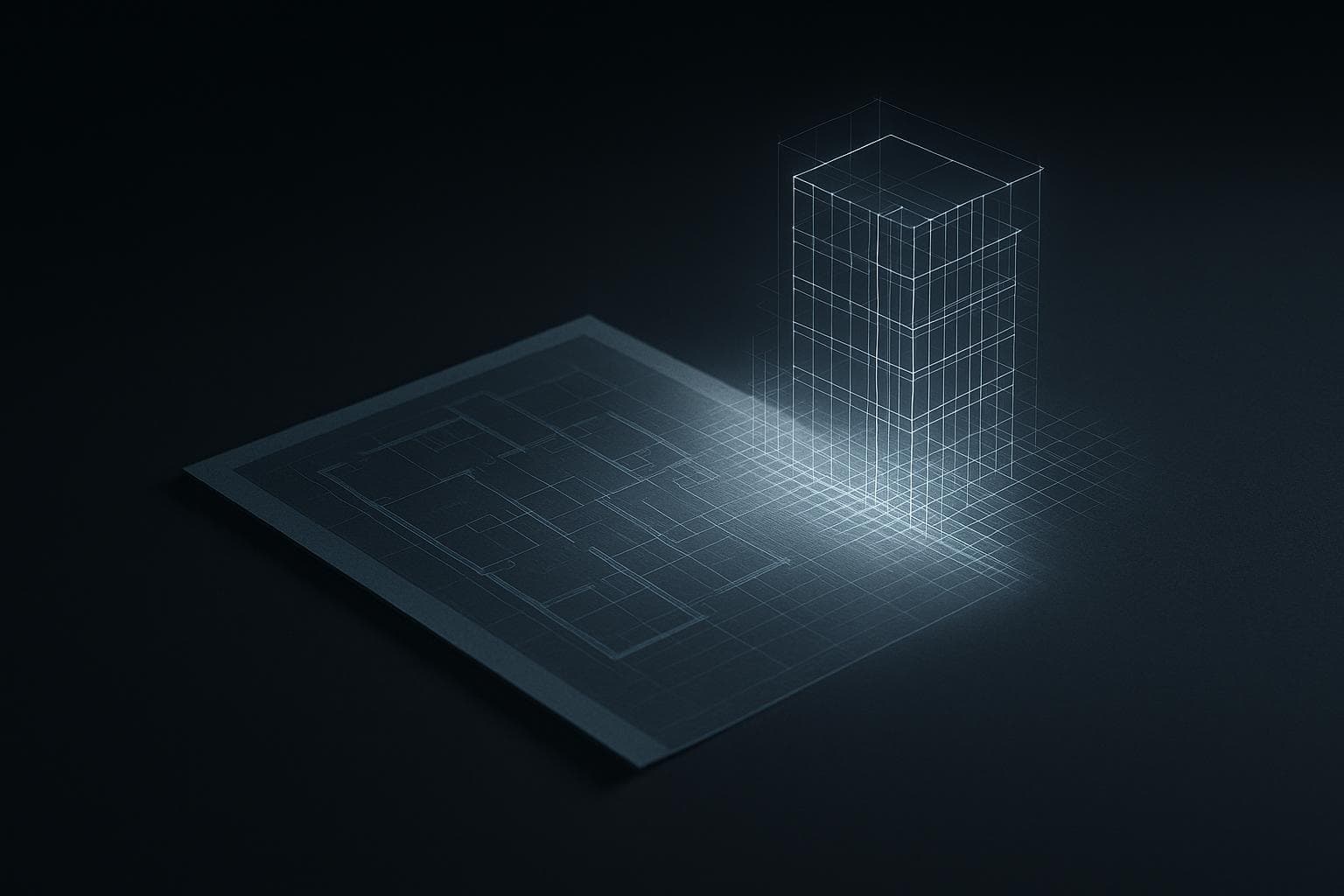 A blueprint dissolving into a luminous building model