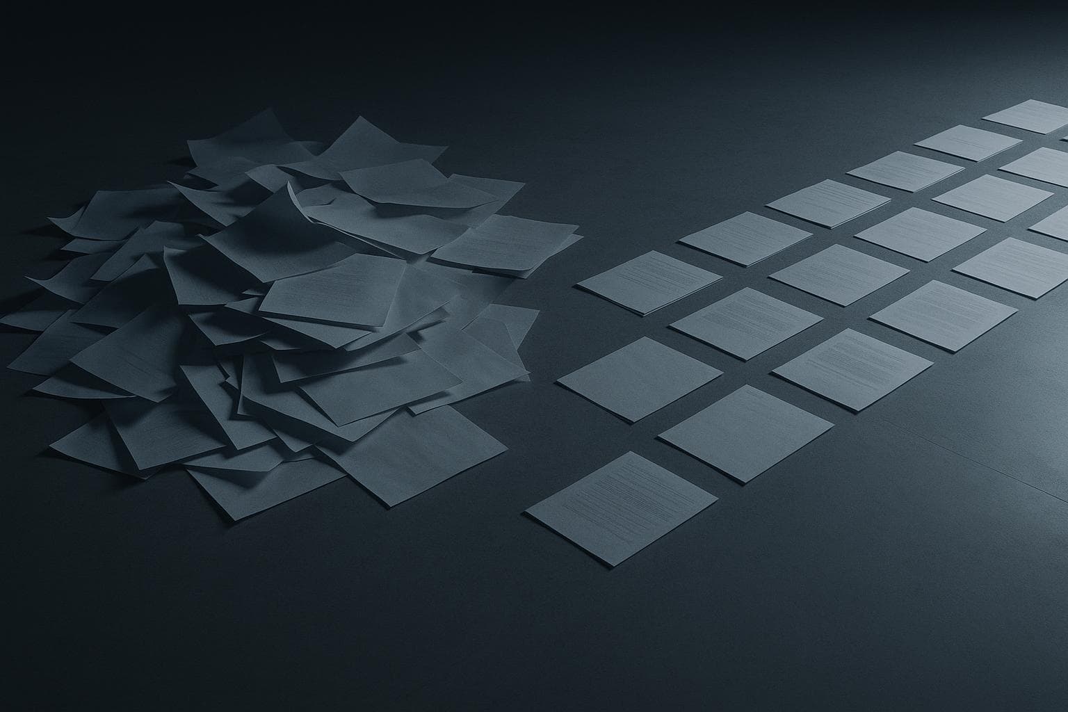 A scatter of documents resolving into ordered rows