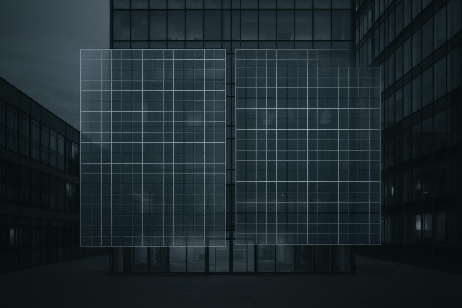 Two translucent grids aligning over a glass office tower facade