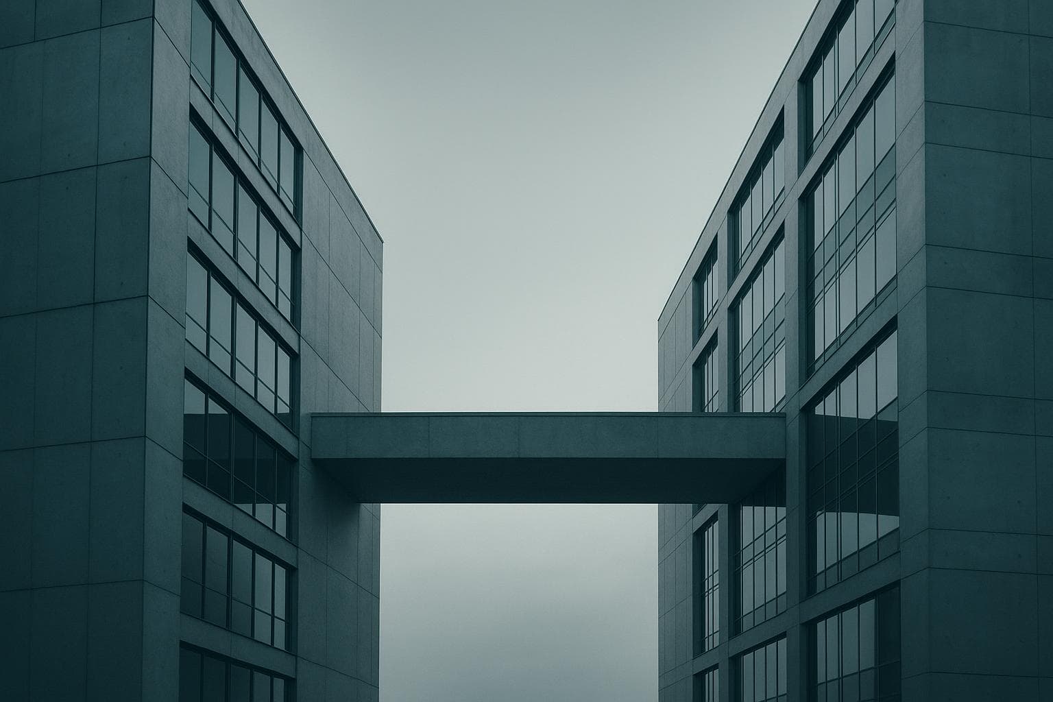 A bridge spanning the gap between two concrete-and-glass towers