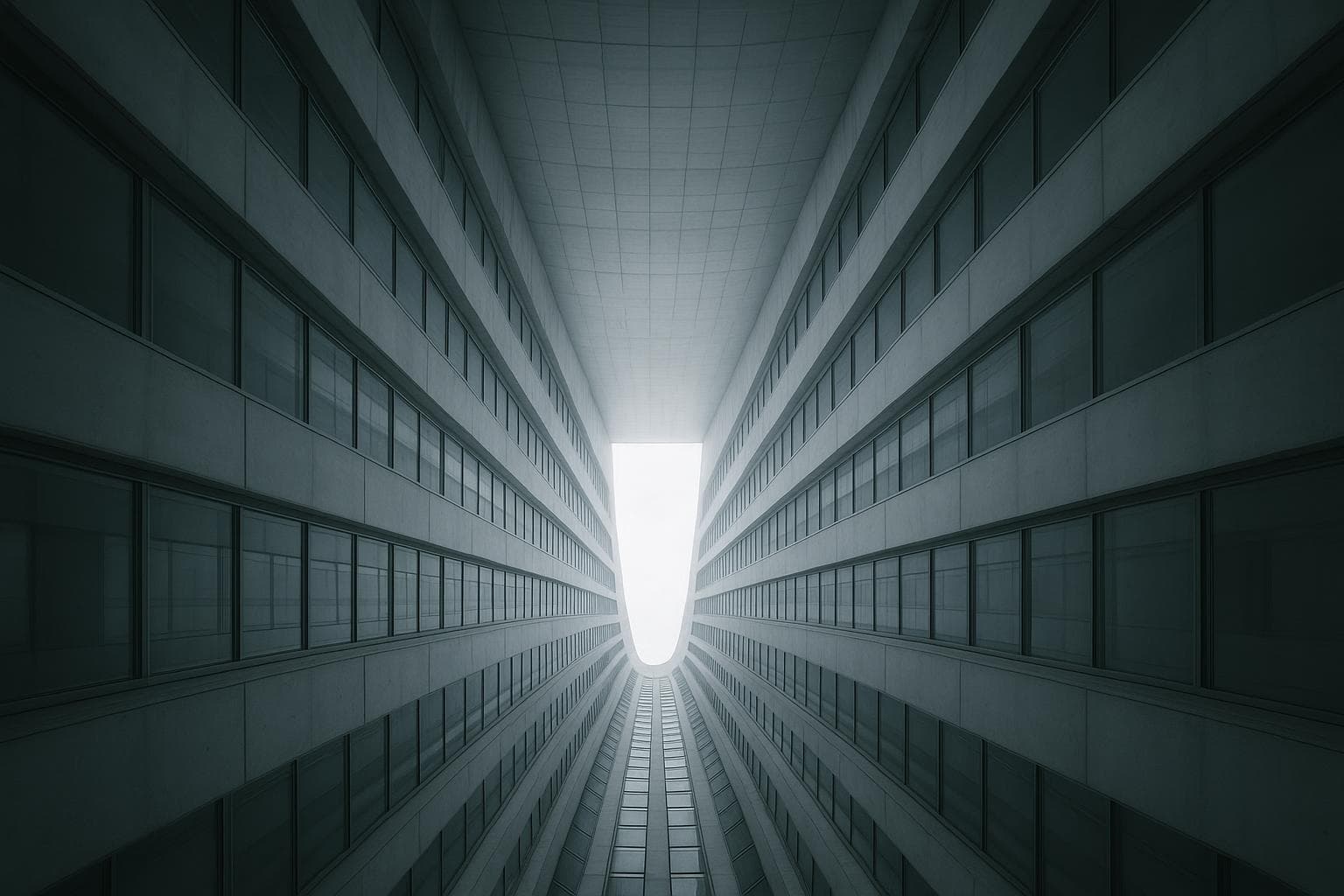 A modern atrium funneling from wide to narrow toward bright sky